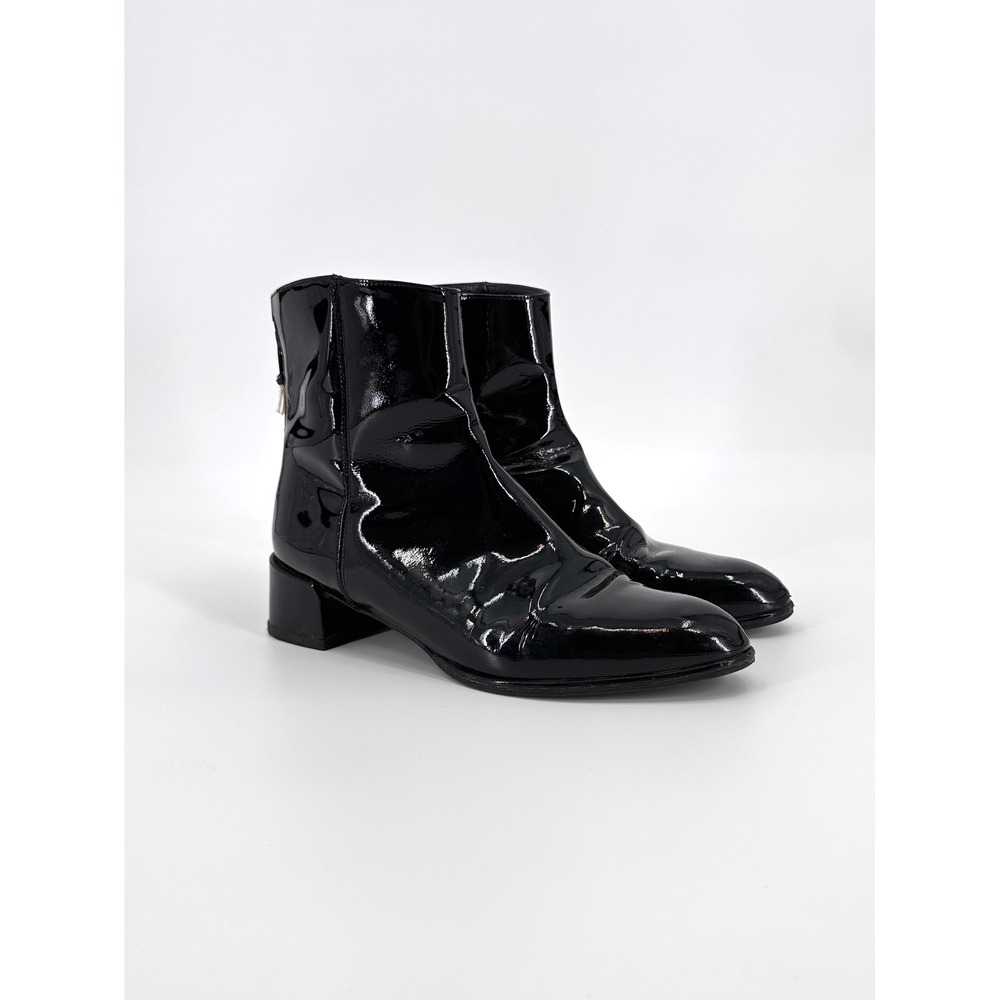 Stuart Weitzman Black Patent Leather Ankle Boots Block Heel Back Zip 8.5M